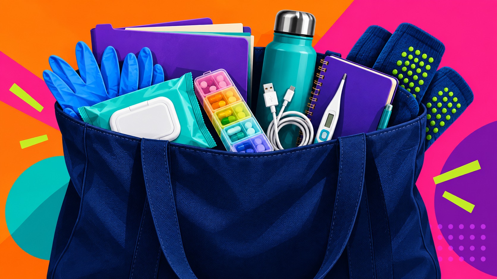Caregiver tote bag packed with gloves, wipes, a medication organizer, water bottle, notebook, thermometer, charger, and nonslip socks