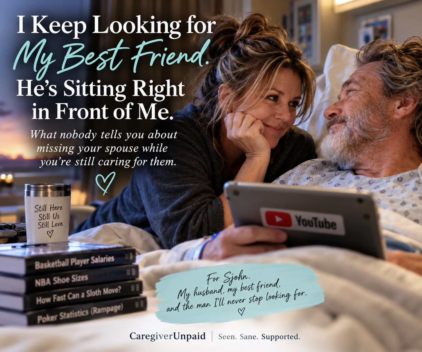 A couple sharing a tender moment beside a hospital bed, with the story title and dedication
