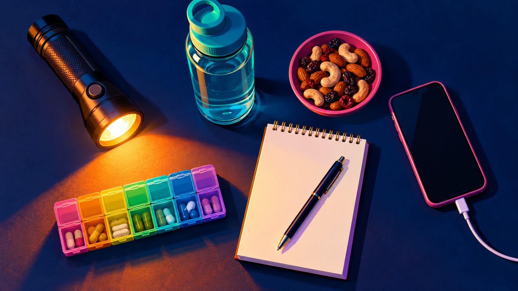Flashlight, water, snacks, a medication organizer, notepad, and charging phone arranged for overnight caregiving