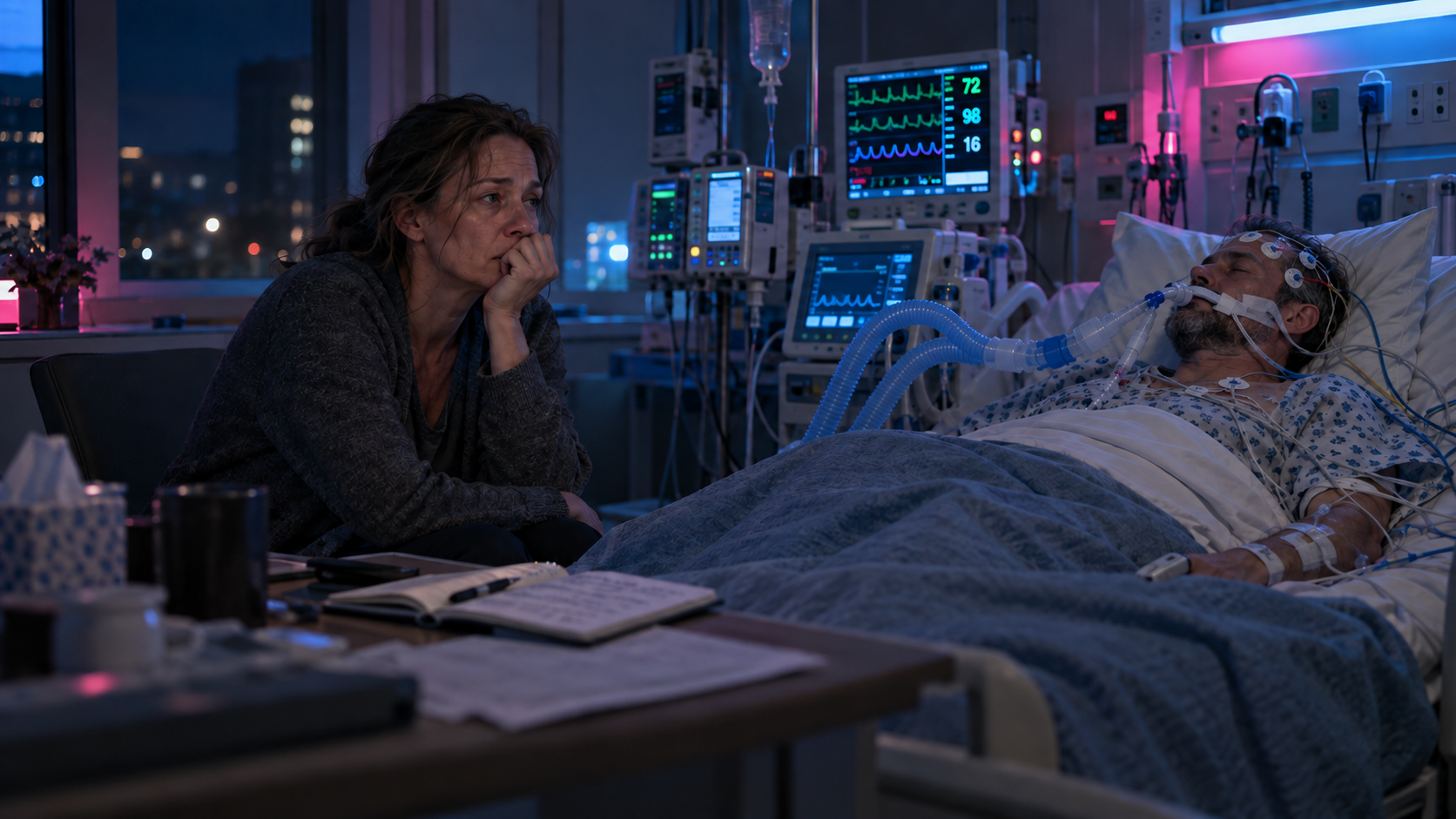 An exhausted caregiver sitting beside her critically ill partner in an ICU
