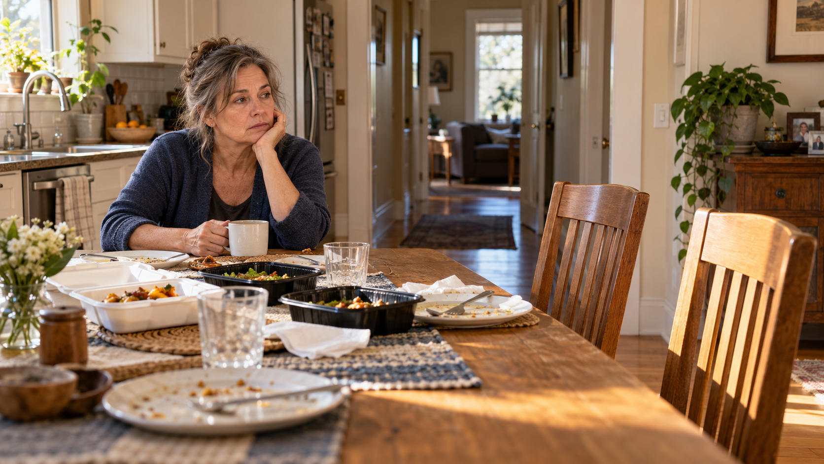 A tired caregiver at a kitchen table with leftover lunch and empty visitor chairs