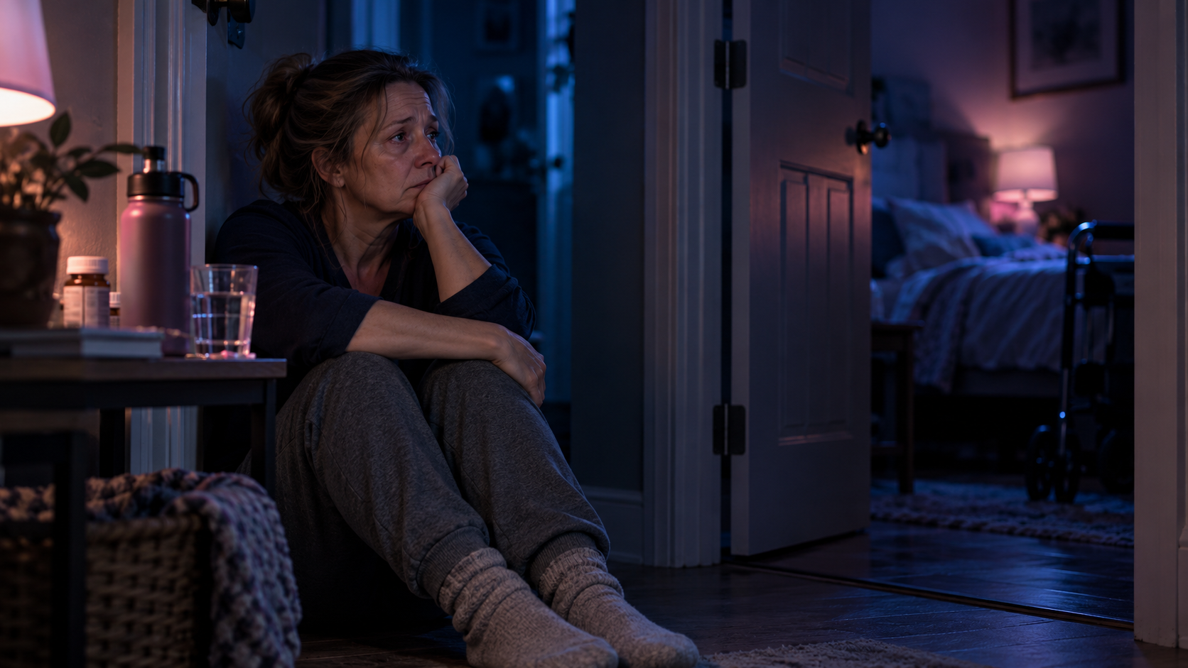 Tired caregiver sitting on the floor outside a bedroom at night, exhausted but still on duty