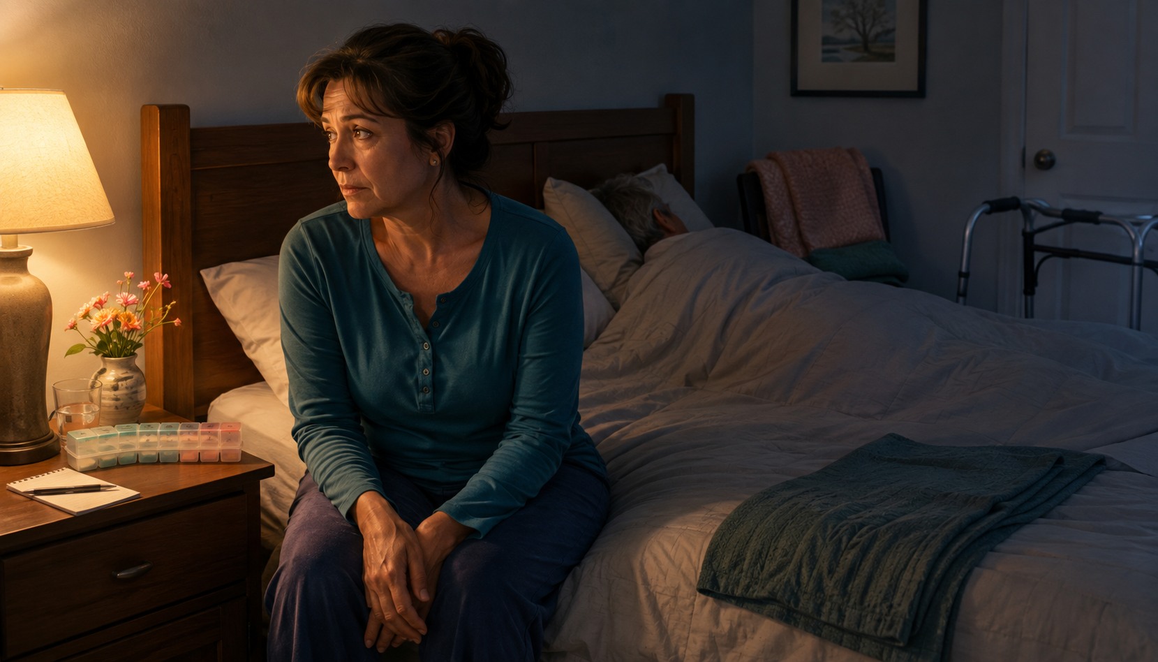 A tired caregiver awake beside a bed in a dim room at night